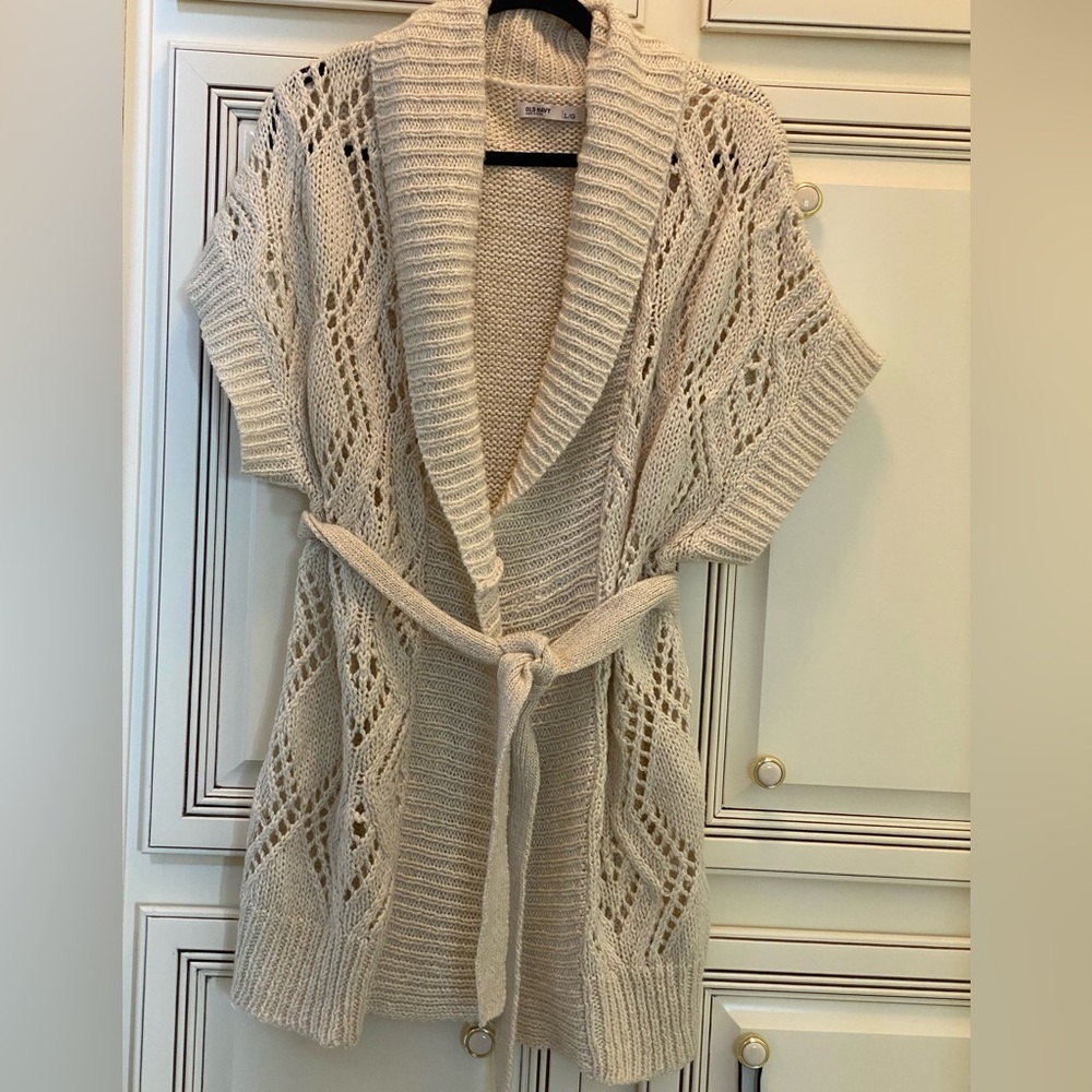 Old Navy Cozy Open-Front Short Sleeve Tie Loose Knit Cardigan Sweater Size L